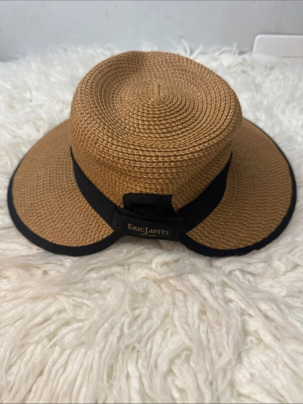 Eric Javits Sun Crest Pacable Hats Wide Brim Straw Sun Hat with Black Trim  OS
